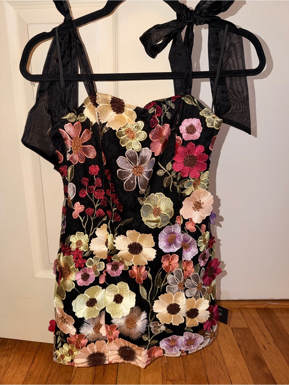 Windsor Black Mini Dress with Multicolor Floral Embroidery